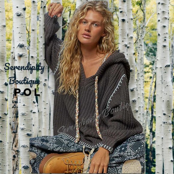 POL Sweaters - POL Boho Grunge Oversized Slouch Chunky Cable Knit Balloon Sleeve Hoodie Sweater